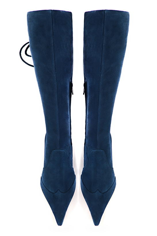 Navy blue women's knee-high boots, with laces at the back. Pointed toe. High block heels. Made to measure. Top view - Florence KOOIJMAN